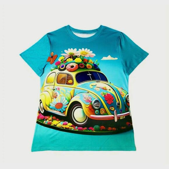 Vibrant Casual Crew Neck Short Sleeve 70s Bug & Flowers T Shirt Multiple Sizes - Picture 2 of 8